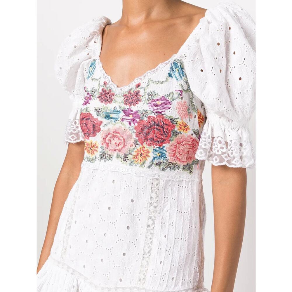 New LoveShackFancy Thressey Mini Dress White Embroidered Floral Ruffled Sz 8 - Picture 2 of 14